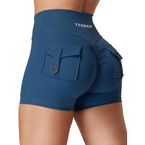 YEOREO CoreFlex Scrunch Workout Shorts with Pockets Charm Gym Biker Shorts for Women High Waisted Booty Yoga, Blue, XS