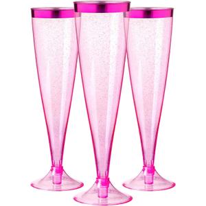 Homy Feel 5 OZ Pink Glitter Pink Rim Plastic Champagne Flutes 30 Pack, Disposable Wine Glasses,Plastic Champagne Glasses Champagne Punch,Mimosa Bar Wedding Cups for Party