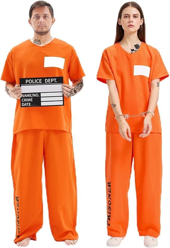 WooWee Prisoner Costume Men Women – Orange Jumpsuit with Handcuffs, Mug Shot Sign & Number Stickers, Inmate Costume for Adults Halloween Outfit, Small