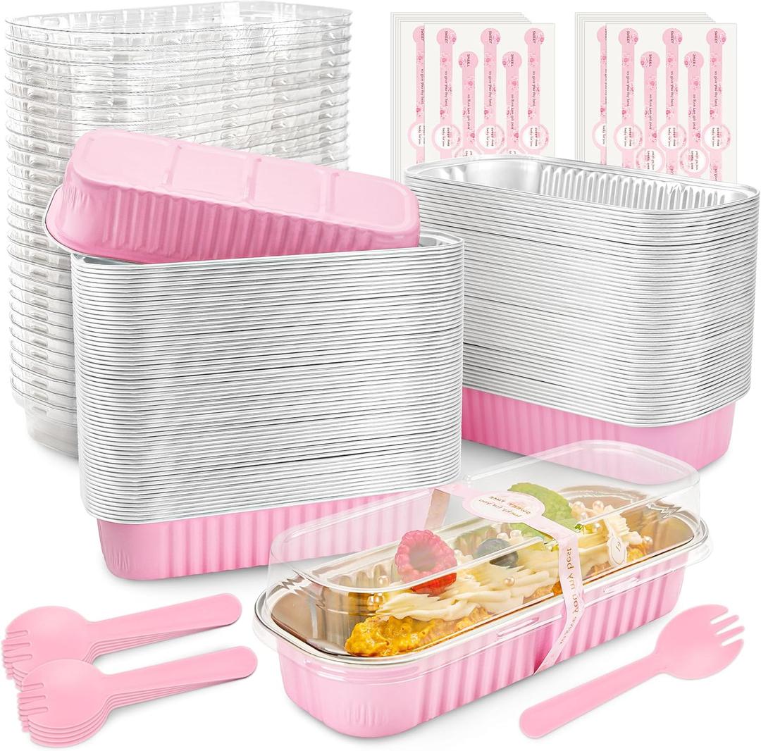 Mini Loaf Pans with Lids and Spoons Rectangular Aluminum Foil Baking Pans Mini Cheesecake Containers 6.8oz(120 Pack, Pink)