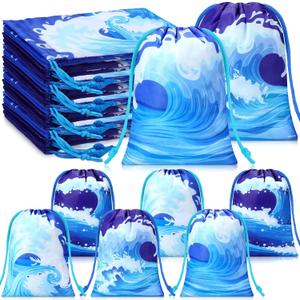 Capoda 16 Pcs Ocean Waves Gift Bags Bulk Summer Sea Drawstring Pouch Blue Beach Pool Reusable Treat Candy Favor Goodie Bags for Swimming Birthday Party Decoration Shower Supplies