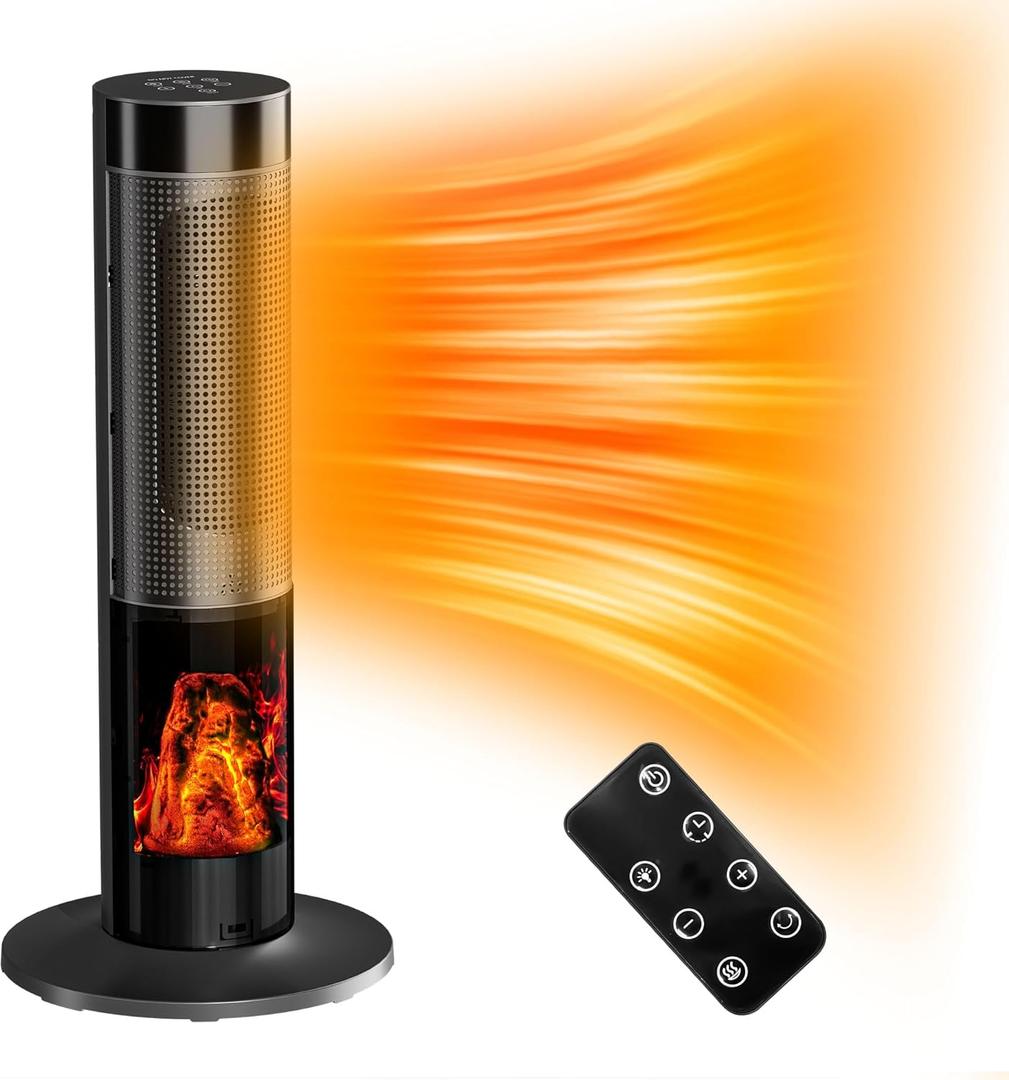 1500W Space HeaterElectric Fireplace Heaters Indoor Portable with ECO Mode, PTC Ceramic, 3D Flame, 12H Timer, Remote Control, 80 Oscillation, Heating & Fan Modes for Home & Office