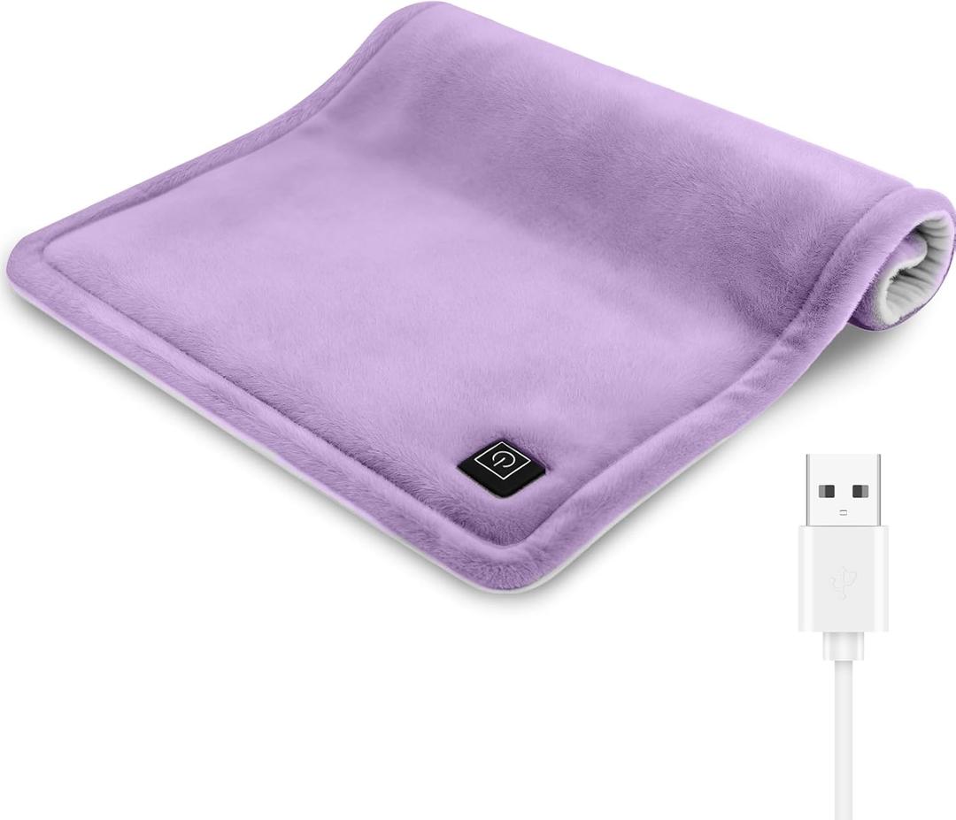 USB Plug-in Heating Pad for Travel Warmth Outdoors, Non-Rechargeable Small Heated Pad 5V Heat Therapy for Pain Relief Abdomen Cramps, 3 Heat Settings & Auto Shut Off (12"x 16") Purple