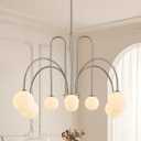 Nickel Sputnik Chandelier with Milk Glass Globe 8 Lights L41 Inch, Large- 41”