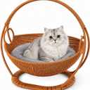 Wicker Cat Bed Elevated Cat Lounger Multifunctional Pet Furniture with Removable Cushion for Indoor Pets