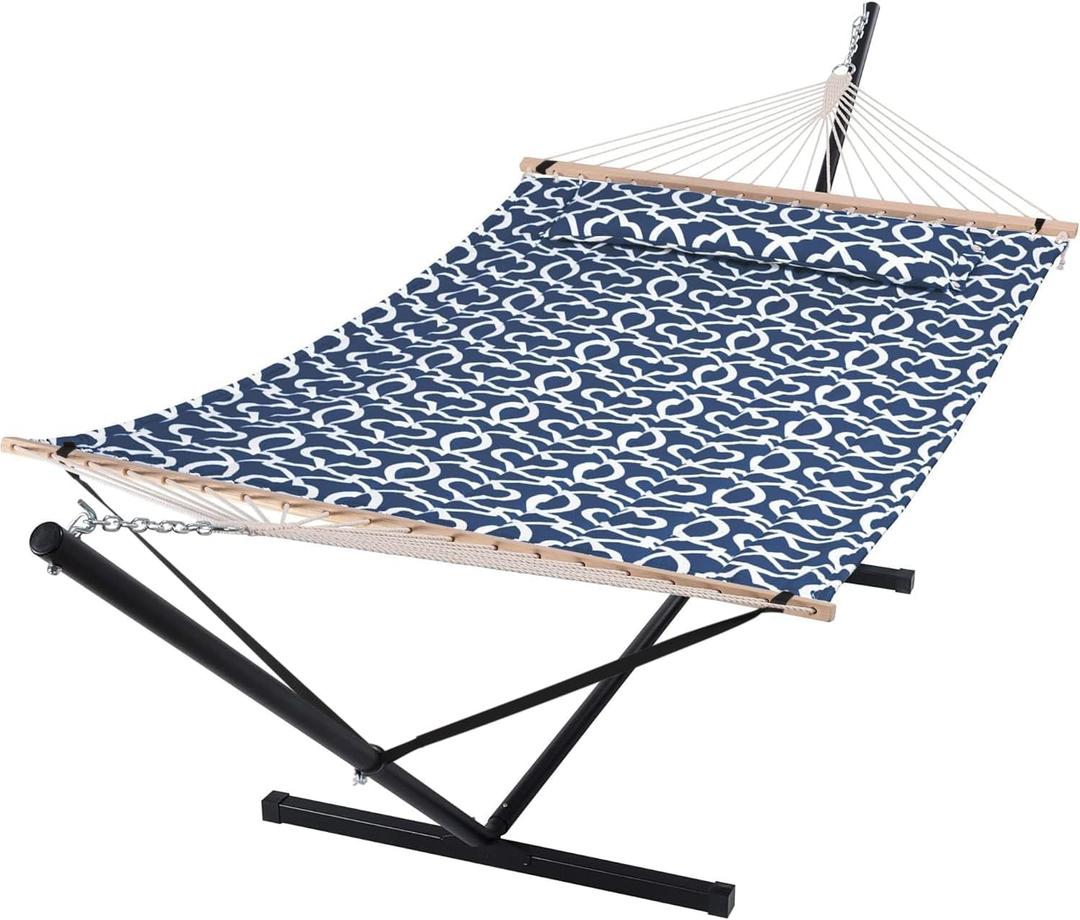 SUNCREAT Two Person Hammock with Stand, 475 lbs Capacity, Portable Patio Hammock with Hardwood Spreader Bar, Large Soft Pillow, Blue Pattern (Navy & White)