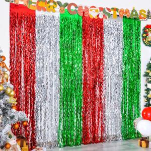 LOLStar 5 Pack Christmas Foil Fringe Curtains Party Decoration 3.3X6.6 ft Red Silver Green Wavy Tinsel Fringe Photo Streamer Backdrop for New Year, Sweater Party