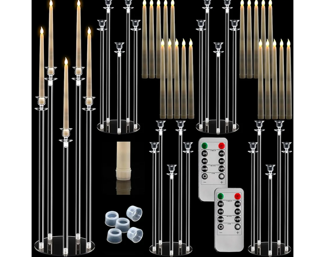 Barydat 4 Set 5 Arms Acrylic Candelabra Centerpieces for Wedding, Clear Candlesticks Holders with 20 LED Candles 2 Remote Timer 22 Rubber Candle Rings for Halloween Christmas Party Dinner Decoration