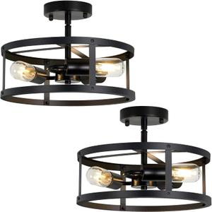 3-Light Semi Flush Mount Ceiling Light, Farmhouse Black Metal Cage Fixture, Industrial Lighting for Kitchen Foyer Hallway Entryway 2 Pack