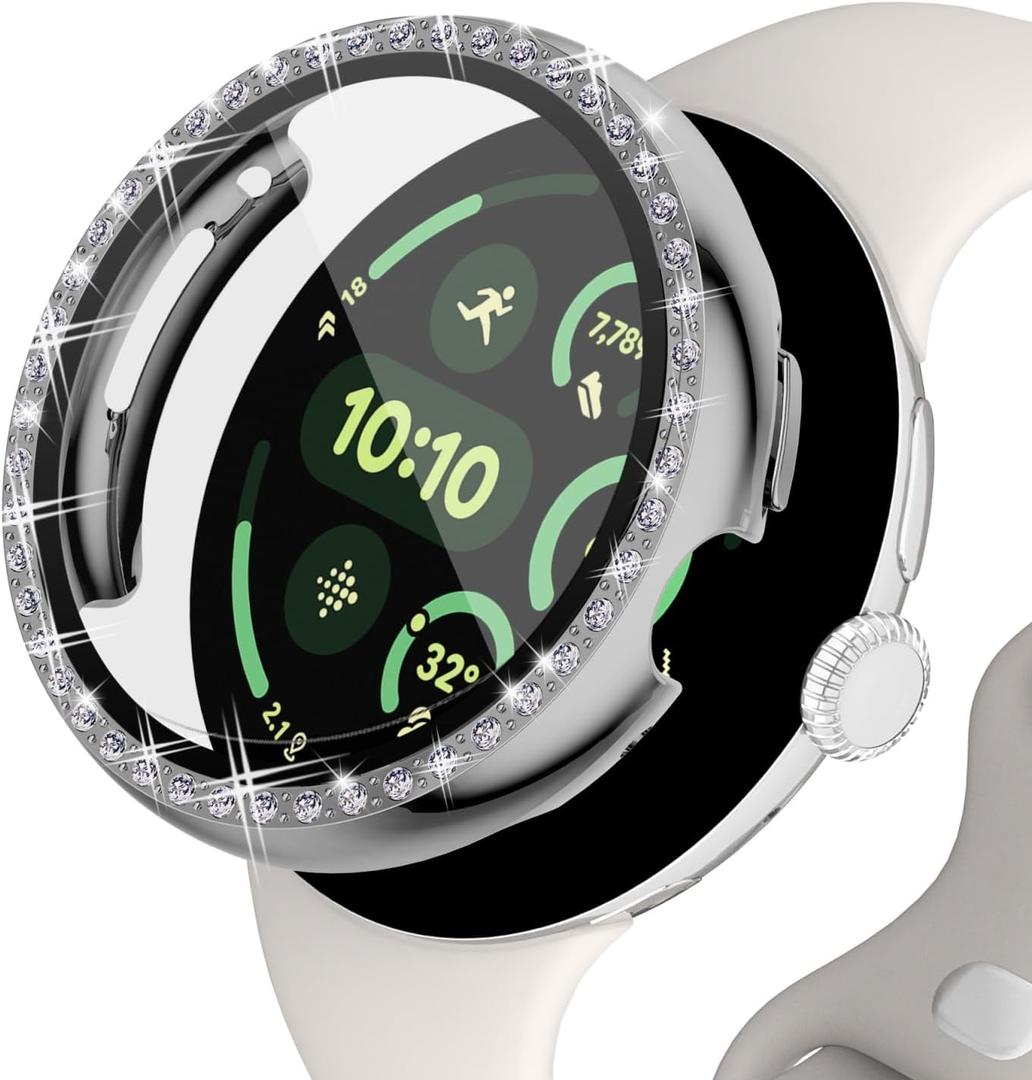 Screen Protector Case Compatible with Google Pixel Watch 3 41mm 45mm Bling Rhinestone Case Hard PC Full Protective Cover with Tempered Glass Film for Pixel Watch 3 Accessories(Silver, 41mm)