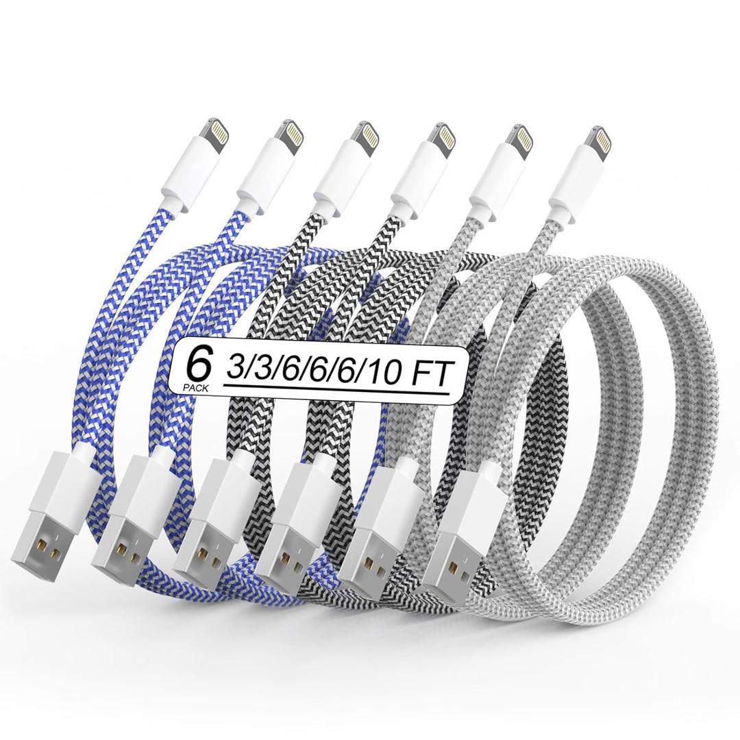Apple MFi Certified 6Pack iPhone Charger 3/3/6/6/6/10FT Lightning Cable Fast Charging iPhone Charger Cord Nylon Braided for iPhone14/13/12/11Pro Max/XS MAX/XR/XS/X/8/7Plus iPad AirPods