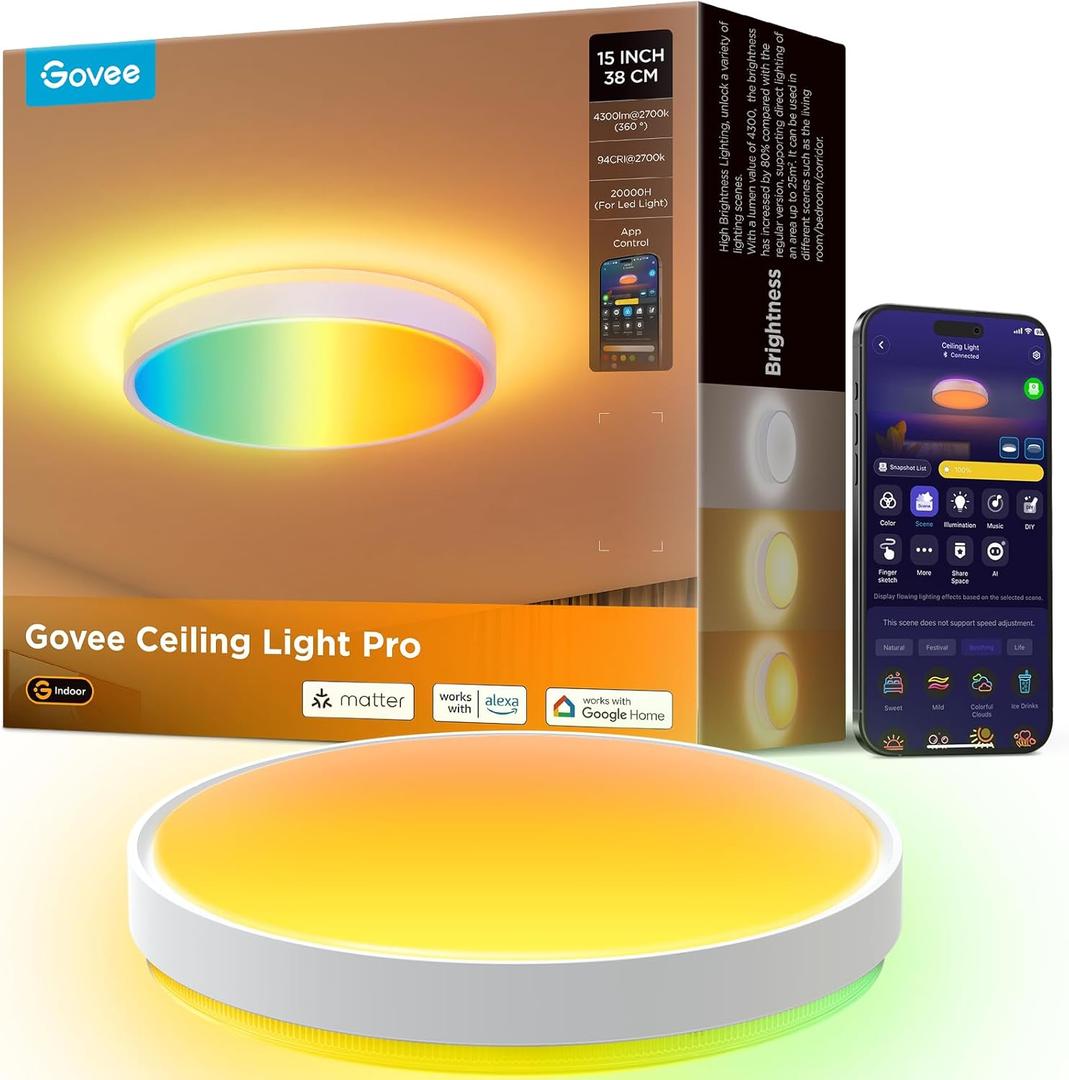Govee Smart Ceiling Light 4300LM, RGBIC LED Ceiling Light Fixture Works with Matter, Flush Mount Light Fixture, DIY Colors, 2700K-6500K Dimmable for Bedroom, Living Room, 15 Inch, 1 Pack