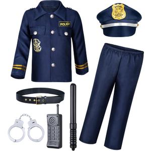 Kids Police Costume for Boys Cop Outfit Accessories Set Halloween Party Cosplay (3-5T, Blue)