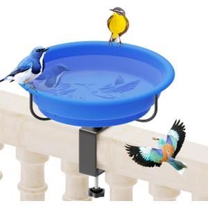 Deck Mounted Bird Bath for Outside, Detachable Plastic Birdbath & Birdfeeder Bowl with Adjustable Metal Clamp, Easy to Clean & Install Bird Baths for Railing Balcony Fence Garden Decor (Blue)