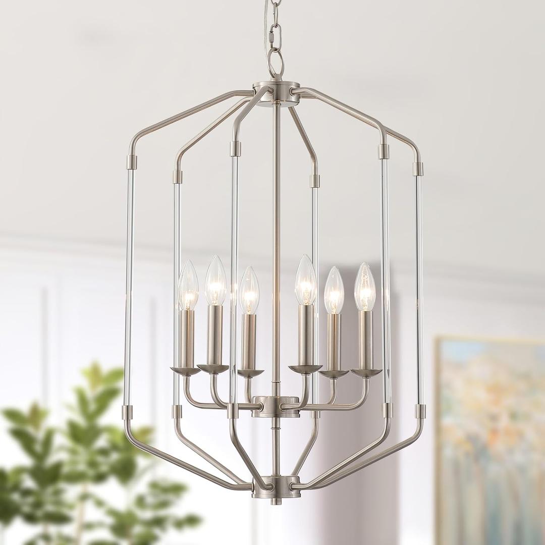 Chandliers for Dining Room, Brushed Nickel 6 Lights Large Geometric Pendant Lights Modern Farmhouse Light fixtures for Living Room Kitchen Tablle Foyer, E12 Bulb, Height Adjustable, 17.3"