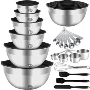 Mixing Bowls Set, 27PCS Stainless Steel Mixing Bowl with Lid Set, Large Nesting Bowls 7, 4.5, 3, 2.5, 2, 1.5QT, Measuring Cups and Spoons Baking Utensils Metal Bowl for Kitchen Prep