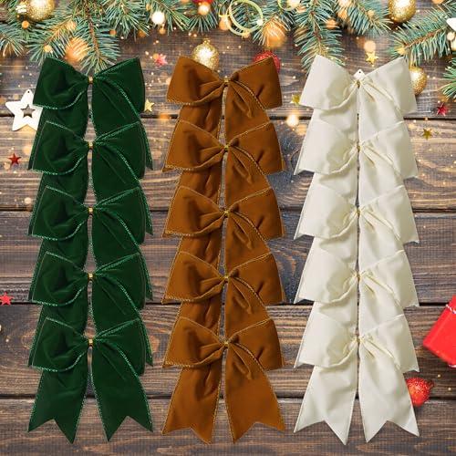 Ohapishop 15 Pcs Velvet Bows for Christmas Tree - 6 Inch Vintage Velvet Ribbon Christmas Bows for Gift Wrapping Xmas Tree Topper Bow Ornaments for Garland Wreath Bows Decor (Cream,Dark Green,Brown)