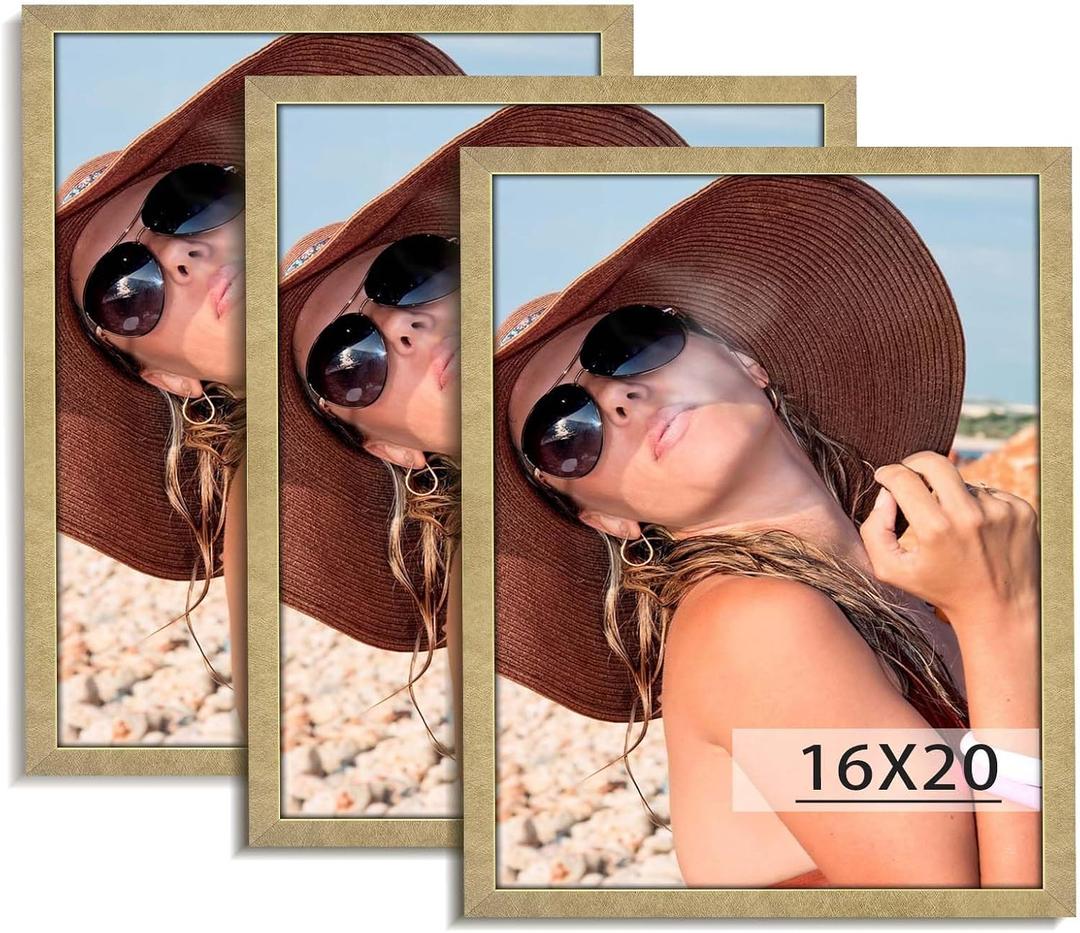 HLiWEGNS Matte Gold 16x20 Frame Set of 3 - Vintage 16 x 20 Poster Frame with Plexiglass for Wall Gallery Display, 16x20 Picture Frame for Puzzles, Artwork, Photos and Posters - Ideal Christmas Day