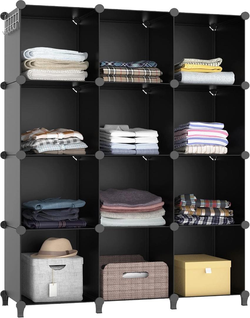 Closet Organizers and Storage, 12 Cube Storage Organizer, Portable Closet Organization Clothes Shelves for Kids, Closet, Bedroom, Bathroom, Office, Black, 38 x 48 x 12 in