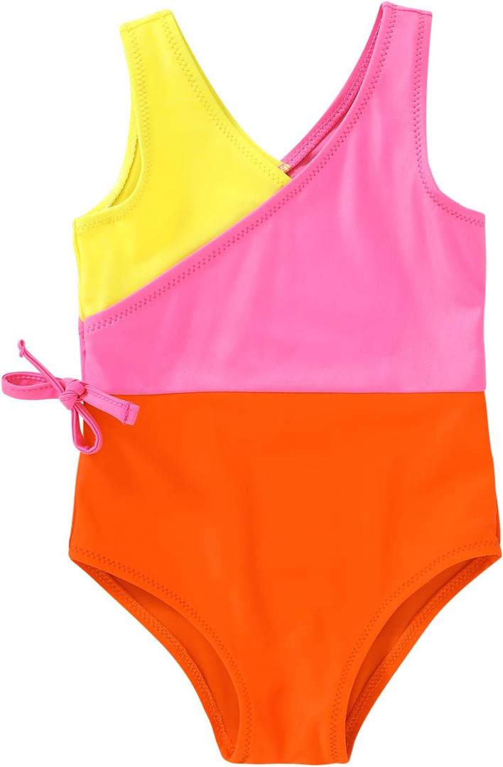 YOUNGER TREE Toddler Girl One Piece Swimsuit Color Block Stripe Swimwear Summer Beach Bathing Suit 12M-5T (Orange Pink)