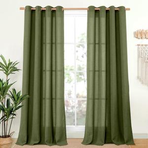 YoungsTex Olive Linen Curtains 90 Inch Length 2 Panels for Living Room, Dark Green Semi Sheer Drapes with Bronze Grommet Extre Long Window Treatments for Bedroom Dining, 52 X 90 Inch