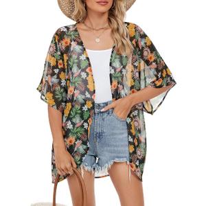 Zando Short Sleeve Kimono Cardigans Floral Kimono Cover Ups Womens Casual Shawl Cardigan Loose Open Front Kimono Tops (L)