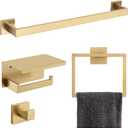 Brushed Gold Bathroom Towel Bar Holder Sets Premium Stainless Steel 4-Piece Bathroom Hardware Set Wall Mounted Bathroom Toilet Paper Holder with Shelf Set