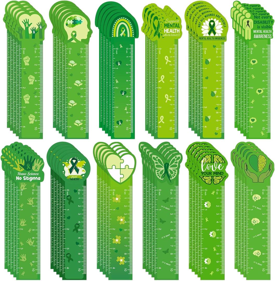 120 Pcs Mental Health Awareness Bookmarks Ruler Bulk Gifts Green Positive Psychology Affirmations Therapy Inspirational Spiritual Gifts Mental Health Month Events Book Markers for Students