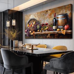 XIGUANGART Wall Art for Kitchen Grape Barrel Painting Red Wine Glass Artwork Prints for Dinning Room Bar Large Canvas Wall Decor for Living Room Office Fruit Still Life Picture Modern Home Decoration, 48"L x 24"W