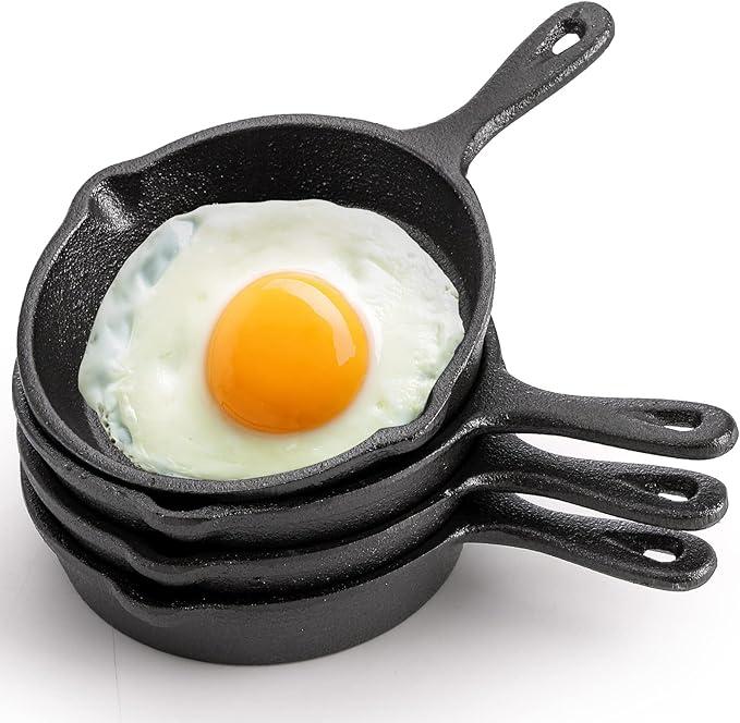 Hiceeden 4 Pack Mini Cast Iron Skillet, 4" Small Frying Pans with Double Drip-Spouts for Stove, Oven, Grill Safe, Indoor and Outdoor Use, Non-stick