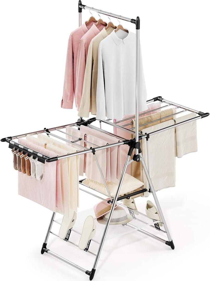 APEXCHASER Clothes Drying Rack with High Hanger, Foldable 3-Level Drying Racks with Shoe Rack, Crossbar and Vertical Rod Laundry Stand with Adjustable Wings Silver, Large