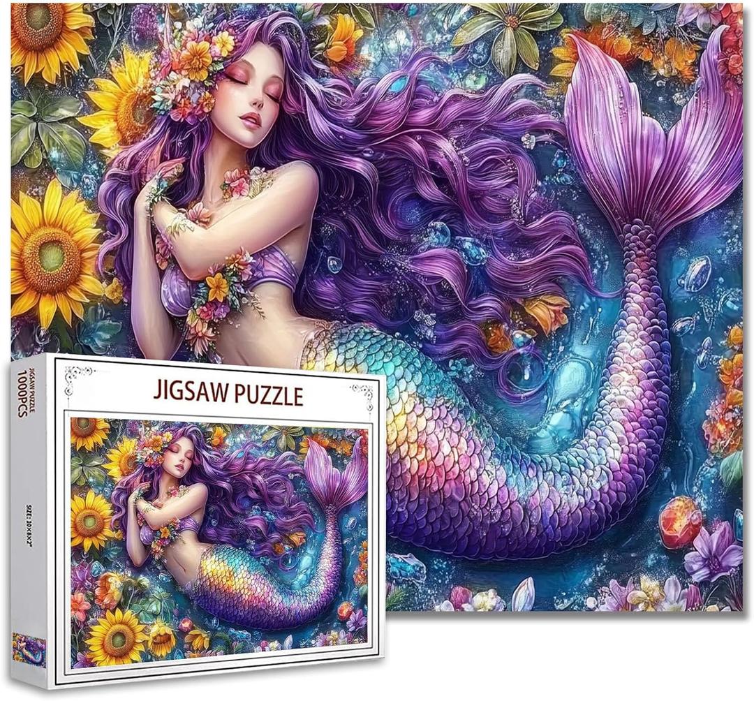 1000 Piece Jigsaw Puzzles for Adults,Beautiful Purple Mermaid Jigsaw PuzzlesDreamlike Female Mermaid Scenery PuzzleChallenging Family Activity for Game NightsWoman Puzzle Decor