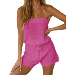 Chang Yun Womens Summer Jumpsuits Casual Loose Sleeveless Off Shoulder Elastic Waist Romper Loungewear Two Piece Outfits (Small, Rose Red)