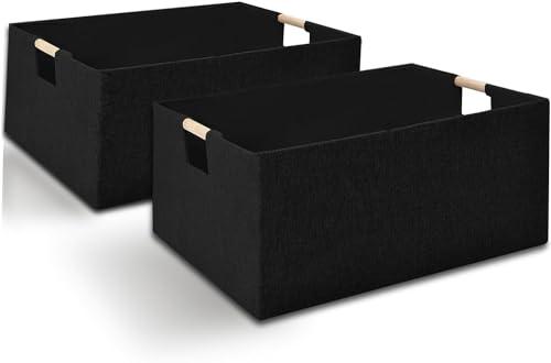 2 Pack Fabric Storage Basket for Shelves, Collapsible Storage Bins with wood Handles, Rectangle Closet Baskets, Wardrobe Organiser, for Sorting Clothes, Family Items 15"L x 10.6"W x 6"H (Black) 