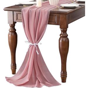 ELECDON Dusty Rose 10FT Chiffon Table Runner 27x120 Inches, Romantic Sheer Fabric, for Wedding Decorations, Baby Shower, Bridal Shower, and Birthday Party Cake Table Tulle Decorations, Wedding Drapery, Pack Of 5