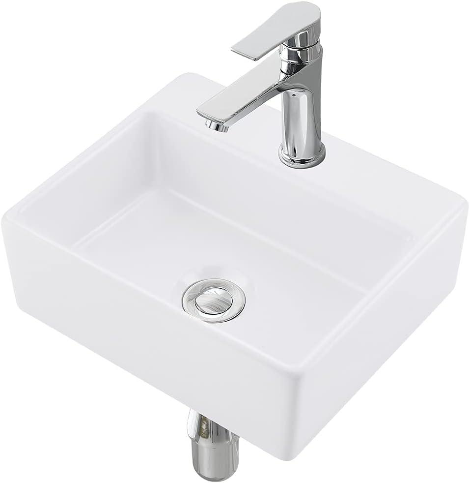 16x12 Inch Wall Mount Ceramic Bathroom Sink - Rectangle Vessel Sink with Faucet Hole, Perfect for Small Bathrooms