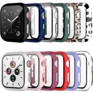 Cuteey 12 Pack Case with Tempered Glass Screen Protector for Apple Watch 44mm Series 6/SE/Series 5/Series 4,Full Matte Leopard Cow Pattern PC Cover for Iwatch 44mm Accessories (12 Colors, 44mm)
