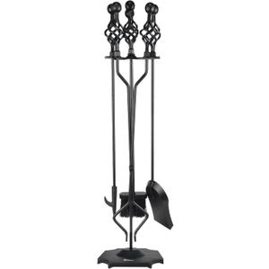 VODA Fireplace Tools Set, 5-Piece Cast Iron 33" Fire Place Set Tools Indoor Fireside Accessories Large Fire Place Tool Set Outdoor Holder Fire Kit with Poker Shovel Tongs Brush, Stand