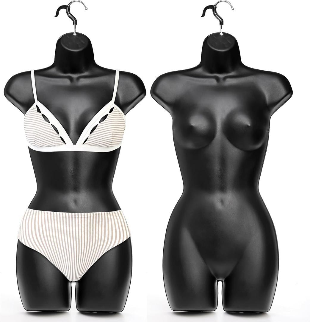 2 Pack Black Female Mannequin, Hip Long Hollow Back Body Torso Dress Form, Shatterproof Frosted Shapely Mannequin with Hanging Hook for Display Top and Bottom Merchandise, Fits Sizes 5-10