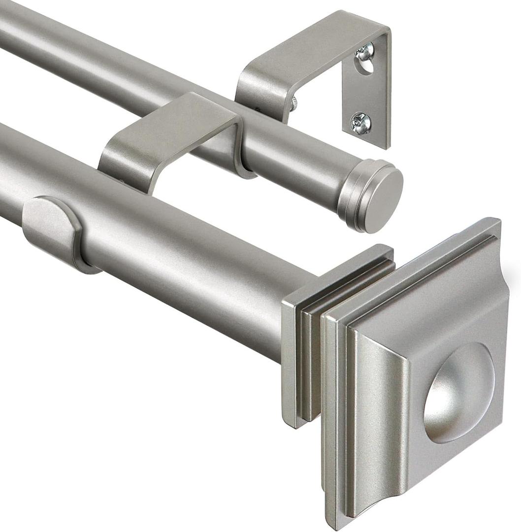 KAMANINA 1 Inch Double Curtain Rods 36 to 72 Inches (3-6 Feet) Telescoping Dark Silver Curtain Rod for Windows 24 to 68 Inches, Heavy Duty Drapery Rods with Square Finials