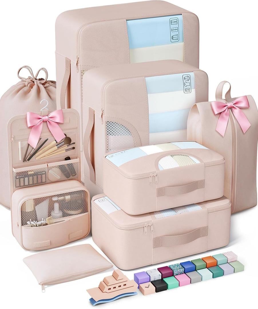 Veken 8 Set Packing Cubes for Travel, Birthday Gifts for Women Mom Her, Cruise Ship Essentials Accessories for Beach Vacation, Suitcase Organizer Bags for Luggage with Hanging Toiletry & Shoe Bag (Dutch Cream)