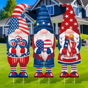 Umigy 3 Pcs 4th of July Yard Decor 32 x 10 Inch Outdoor Independence Day Gnome Yard Sign with Stakes Patriotic Red Blue White Lawn Garden Decoration United States 250th Anniversary Decor