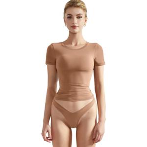 SUUKSESS Women Double Lined Fitted Basic Tee Crew Neck Short Sleeve Y2K Crop Top (Medium, Taffy)