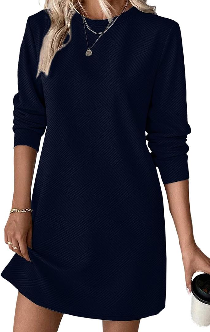 BLENCOT Womens Casual Pullover Sweatshirt Dress Crewneck Long Sleeve Trendy Fall Textured Solid Mini Dresses with Pockets (S)