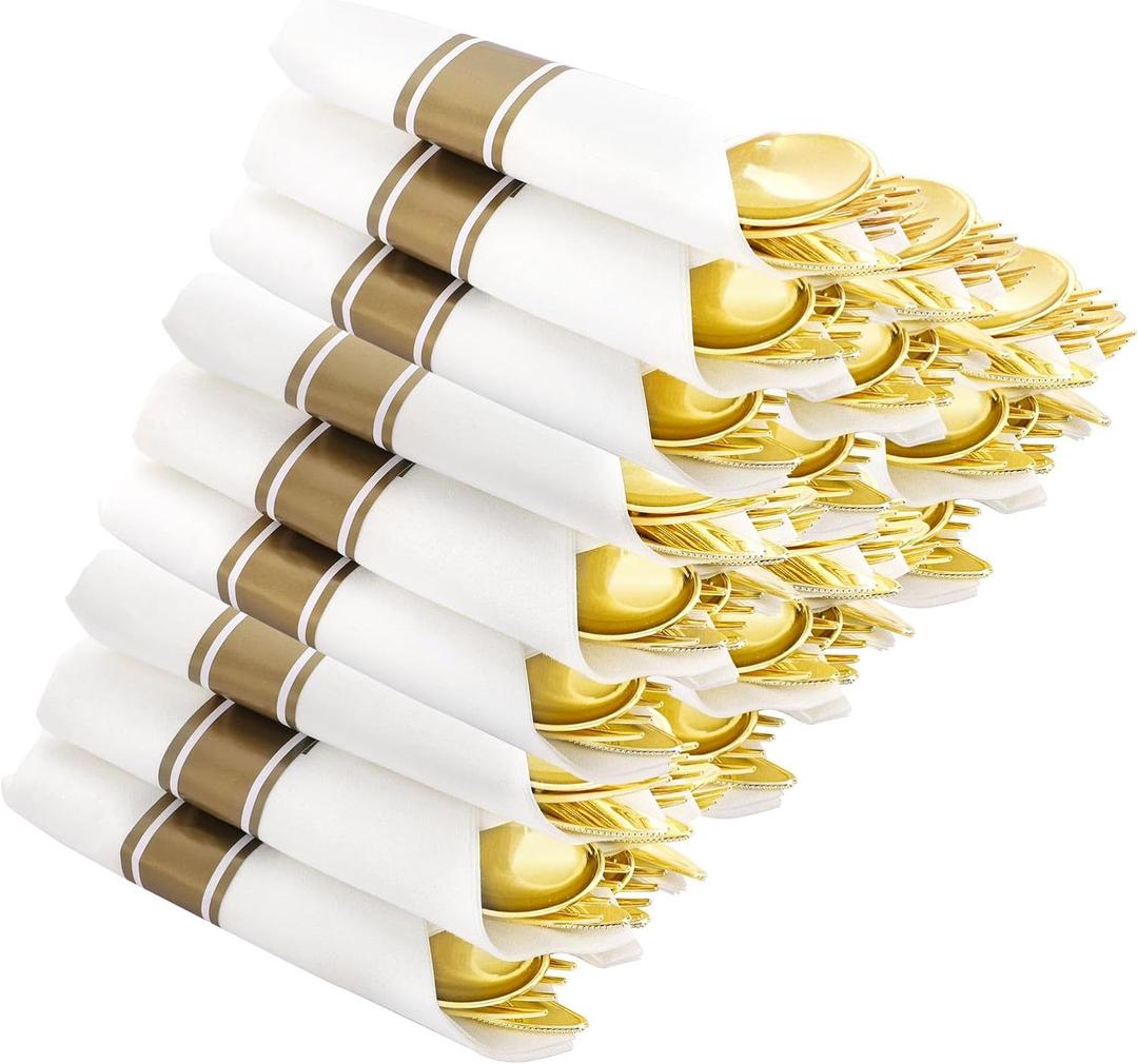 Supernal 60 Pack Gold Plastic Silverware,Pre Rolled Hammed Silverware Disposable,Plastic Cutlery for Parties,Disposable Utensils Heavy Duty include Linen Napkins,For Party and Weddings