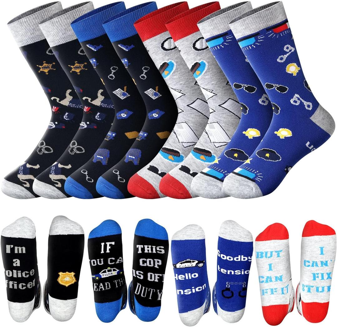 Mepase 4 Pairs Police Socks Men's Funny Novelty Police Officer Crew Socks Gifts for Men Dad Christmas New Year Gift