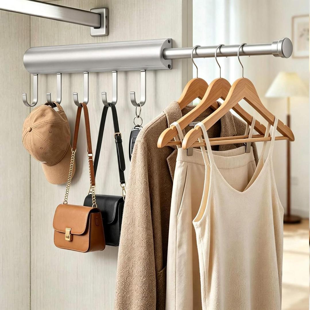 12 Inch Valet Rod for Closet Pull Out Heavy Duty Hidden Closet Valet Rod with 5 Hooks Retractable Slide Out Wardrobe Organizer Aluminum Valet Bar Silver 1 Pack