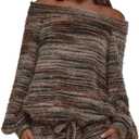MakeMeChic Women's Striped Off The Shoulder Sweater Fuzzy Long Sleeve Knitted Pullover Tops (Gray) M