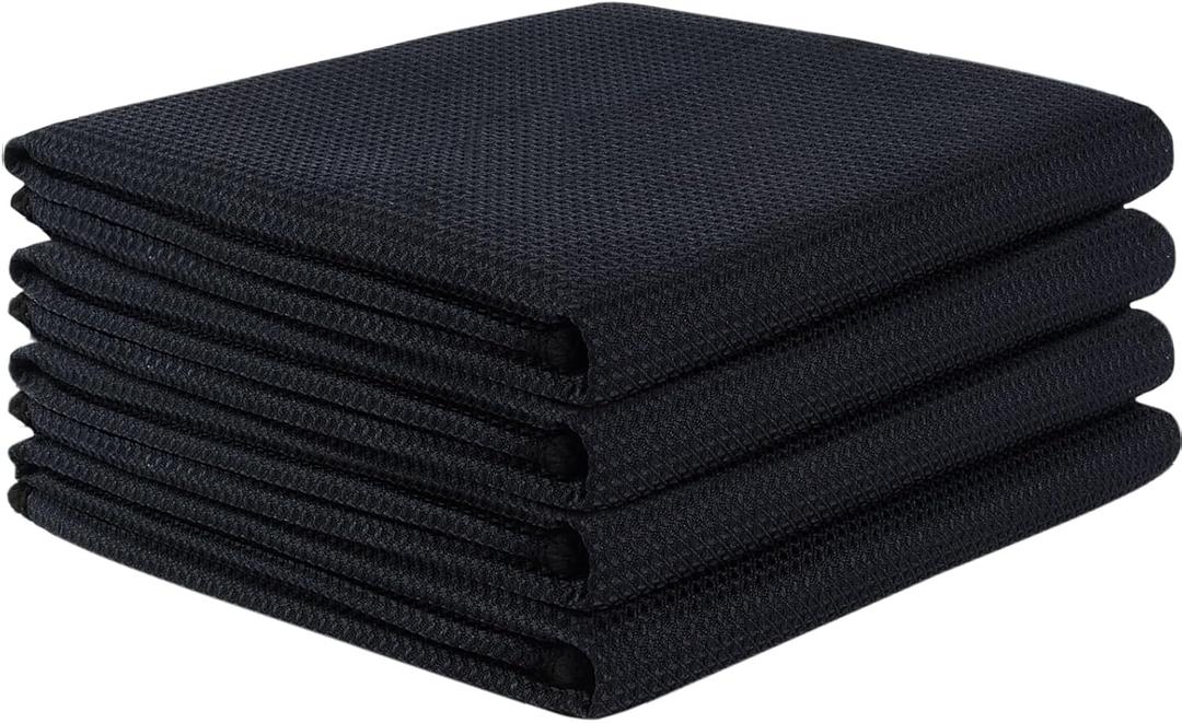 VIVOTE 4 Packs Black Tea Towels, Super Absorbent No lint Kitchen Towel, Machine Washable Microfibre Waffle Cloth, No Water Marks Tea Towels for Kitchen, Barista Cloth, 50x70 CM,200gsm