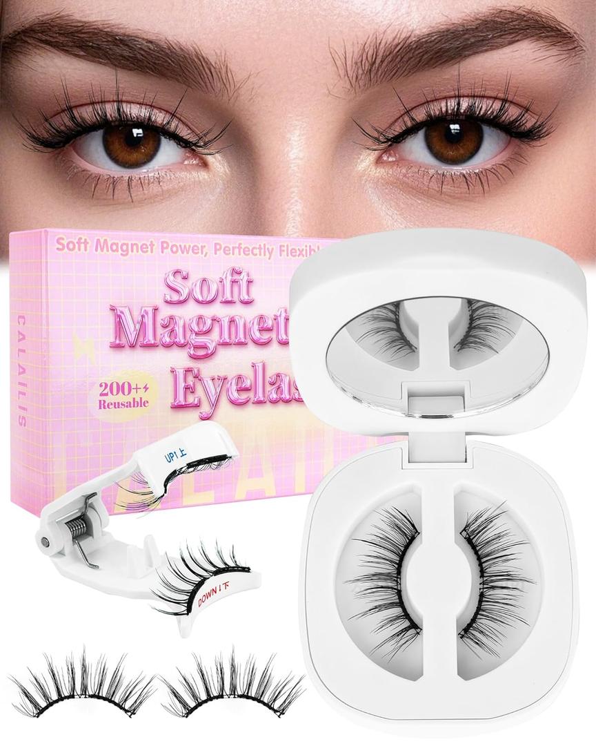CALAILIS Magnetic Eyelashes with Applicator Upgrade Soft Magnetic Eyelashes Natural Look without Eyeliner No Glue Needed Reusable Waterproof for All Day Comfort (RC001)
